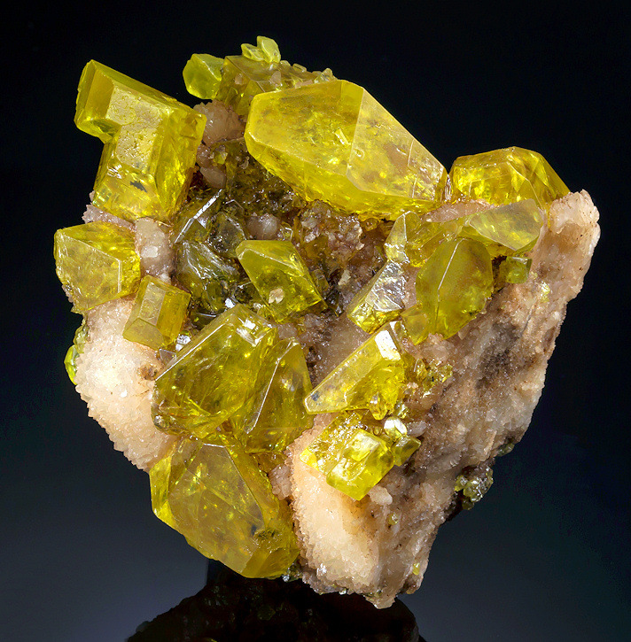 mineralists:  Gorgeous specimen of Native Sulfur crystals on Aragonite matrixCozzo