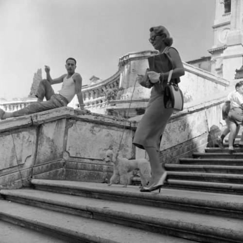 fawnvelveteen:An Italian man watches an American tourist walking her poodle down the Spanish Steps i
