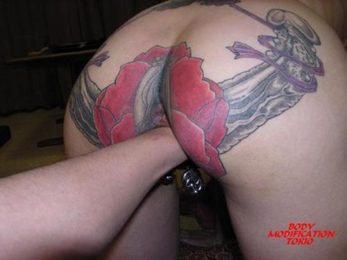 pussymodsgaloreMuch tattooing, but the points of particular interest to PMG are a stretched gaping pussy with piercings. She has piercings with inserted rings in both her inner and outer labia. All these pictures are watermarked “BODY MODIFICATION