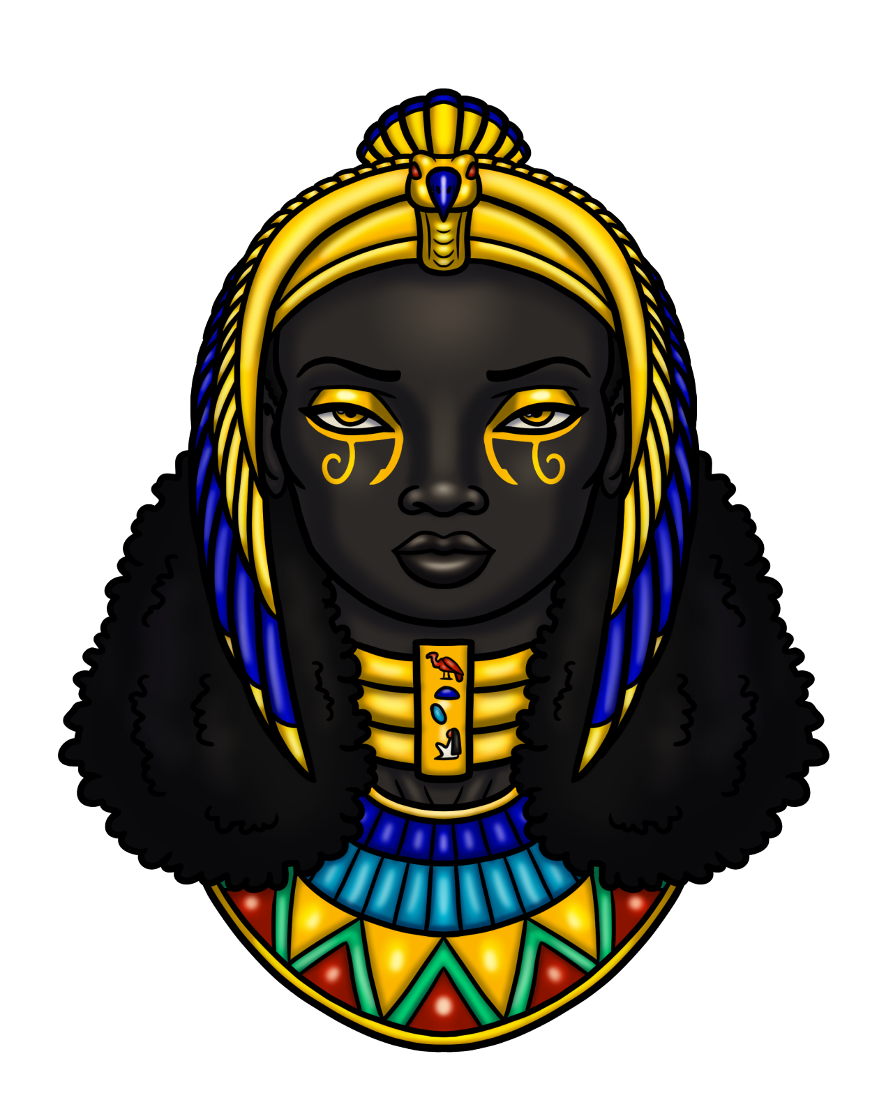 This is a front-view facial portrait of Mut, the “Mother Goddess” of the ancient Egyptian pantheon who rose to prominence during their Middle Kingdom (2055-1650 BC). The hieroglyphs on her choker spell out her name, and her skin is supposed to be literally black like the statues of black diorite the Egyptians would carve. #ancient egypt#egyptian#kemet#egyptian mythology#african mythology#goddess#african#black woman #woman of color #dark skin#woc#portrait#face#digital art#art