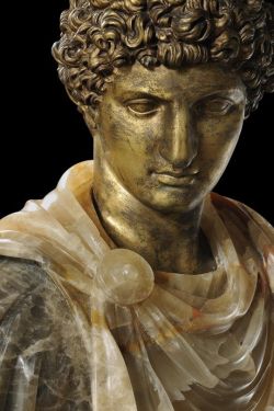 marmarinos:Ancient Roman gilt bronze head of Antinous, set in an onyx and alabaster bust dated to before the mid 18th century. Currently located in the Galleria Estense in Modena, Italy. Source unknown, but image found on Pinterest. 