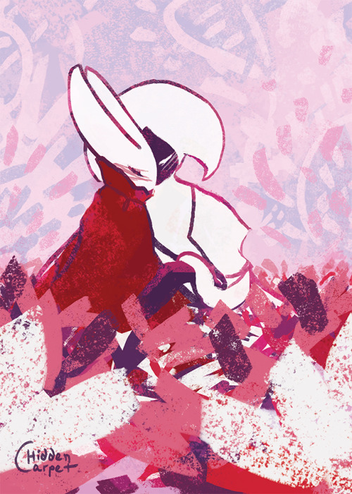 [ID: Hollow Knight Silksong fanart. A warm digital artwork in pink, violet, red, and white color sch