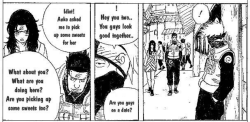 emotican:  Just thought this was super cute. For a moment, I was confused as to why Sasuke would want to buy sweets, mainly because it’s a known fact that he hates them. However, it seems like he was headed to where Kurenai and Asuma were going, and