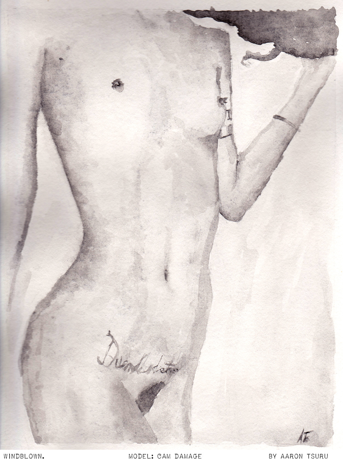 tsurufoto:  windblown. monochrome watercolor &amp; original photo model: camdamage