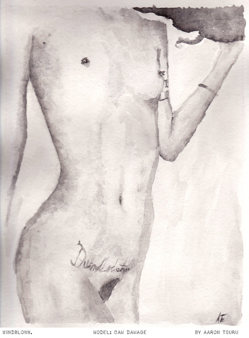 tsurufoto:  windblown. monochrome watercolor & original photo model: camdamage by aaron tsuru 