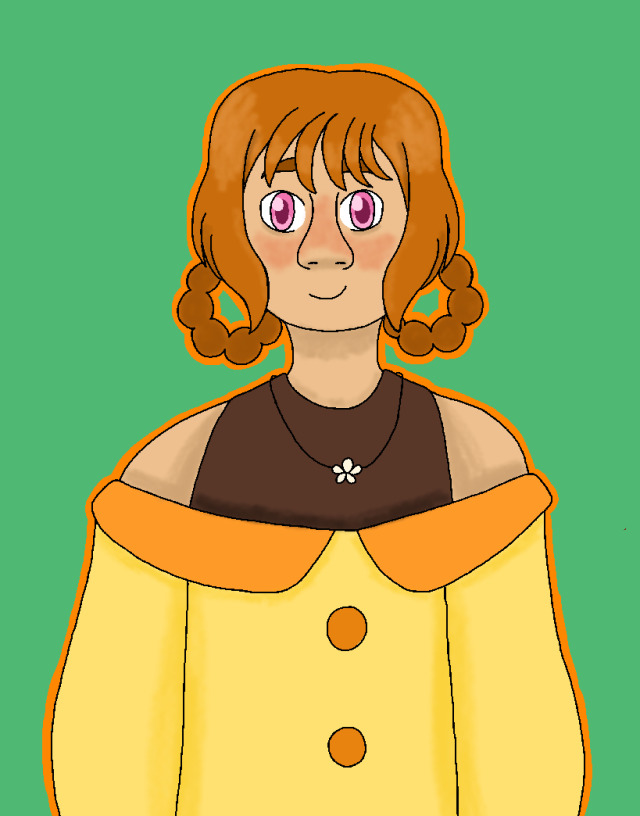 a headshot drawing of ran from rpetty cure, smiling at the viewer.