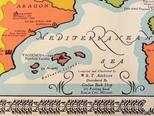 uimapcoll:  This colorful map, A Chart of the History of Printing in Europe, by R. T. Aitchison, was printed in 1931. Printer’s marks are included, as well as different types (and mermaids and sea monsters!).You can see more about printing history