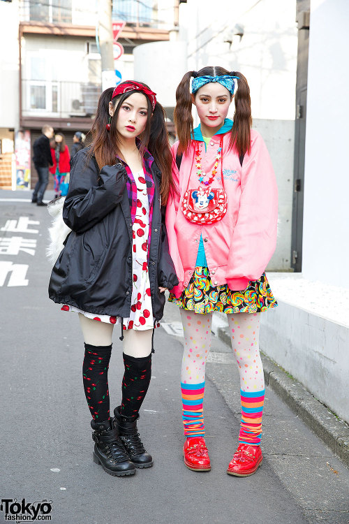 Harajuku sisters Yurika & Mizuho with twin tails, tiger backpacks, cherry print & lollipop p