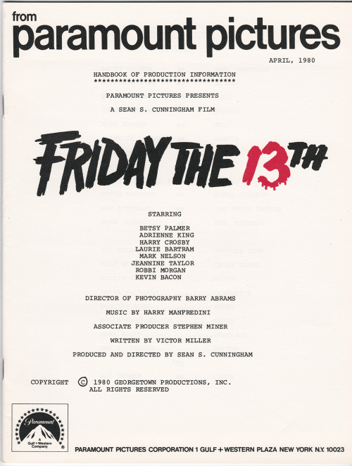 scarymovies101:Friday The 13th (1980) press kit information