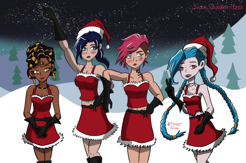 seasons greetings with the Arcane girls in the Mean Girls Jingle Bell Rock pose