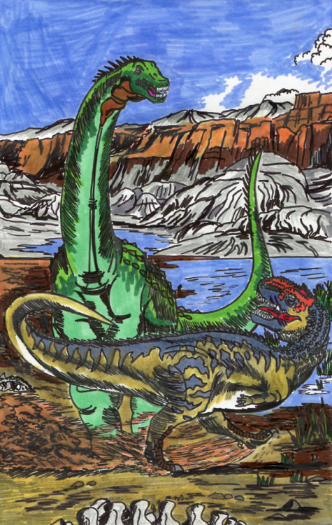 sailorgojirarex1997: Dinovember Day 20. A Rapetosaurus krausei and Majungasaurus crenatissimus engag