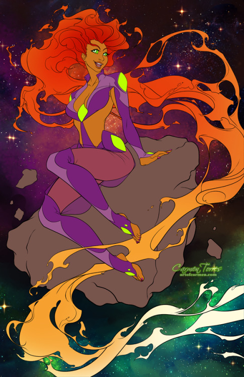 artofcarmen:  My Starfire print for Emerald City Comic Con. I couldn’t help doing a space pin up. ♥ If you’re attending ECCC, swing by my table and say hi! ———————————————————————————— DeviantArt