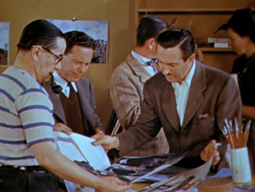adventurelandia:Florencio Molina Campos and Walt Disney looking at Campos’ gaucho paintings in Salud
