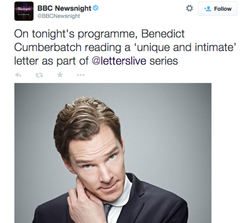 cumberbuddy: This is recorded live. Tonight on BBCTwo at 22:30pm! 