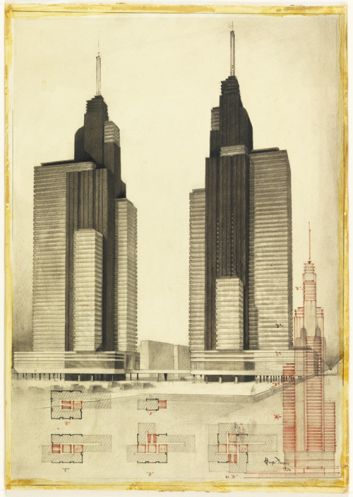 Hugh Ferriss, architectural drawing of two skyscrapers with additional Elevation and Plan Views, 1932. USA. Cooper Hewitt.