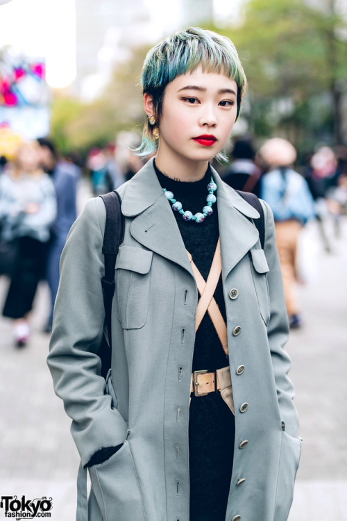 tokyo-fashion:  Saki and Rabu on the street in Tokyo with short hairstyles and fashion including a GVGV coat, Toga Japan dress, leather harness, vintage faux fur waist bag, tassel earrings, and snakeskin platform boots. Full Looks