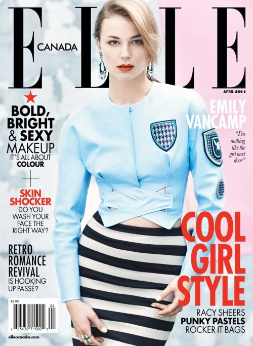 Emily VanCamp by Colette de Barros for ELLE Canada Magazine&rsquo;s April 2014 cover.She is wearing 