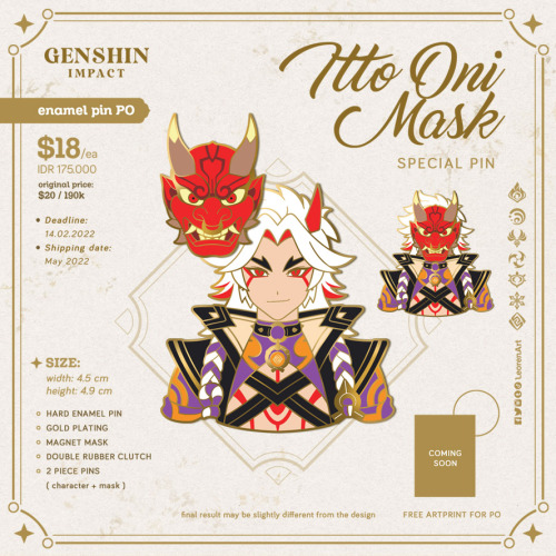 The One and Oni + the cuties are here!Gold plated mask pin with magnet for Itto pin, just like my pr