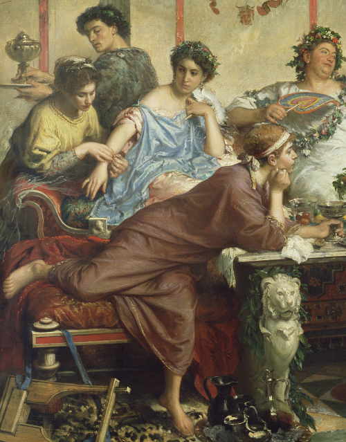 didoofcarthage:Details from A Roman Feast by Roberto Bompiani. Italian, late 19th century. Oil 