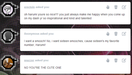  smooches all 3, thank you very much ;u; the feeling is mutual you guys are so lovely   