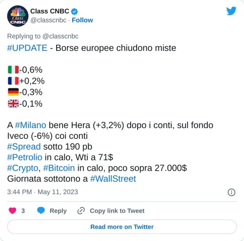 #UPDATE - Borse europee chiudono miste  🇮🇹-0,6% 🇫🇷+0,2% 🇩🇪-0,3% 🇬🇧-0,1%  A #Milano bene Hera (+3,2%) dopo i conti, sul fondo Iveco (-6%) coi conti#Spread sotto 190 pb#Petrolio in calo, Wti a 71$#Crypto, #Bitcoin in calo, poco sopra 27.000$ Giornata sottotono a #WallStreet  — Class CNBC (@classcnbc) May 11, 2023