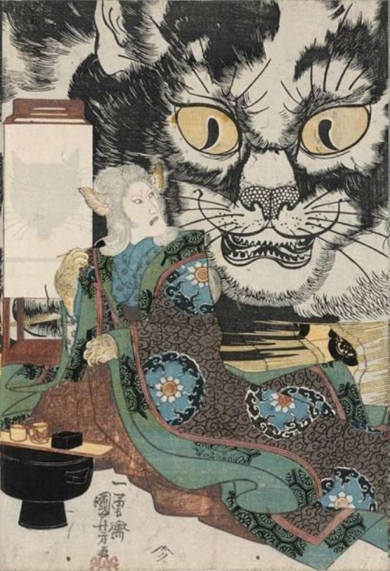 fujiwara57: Triptych - “An imaginary scene of the origin of the cat stone at Okazaki”,