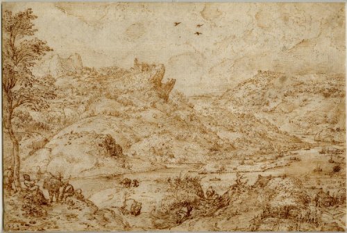 Mountain landscape with a river, 1553, Pieter Bruegel the ElderMedium: drawing,paper,pen,ink
