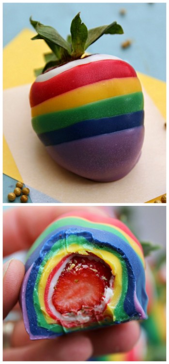 DIY Chocolate Covered Rainbow Strawberries Tutorial from Love Makes Good Cakes. These are incredibly