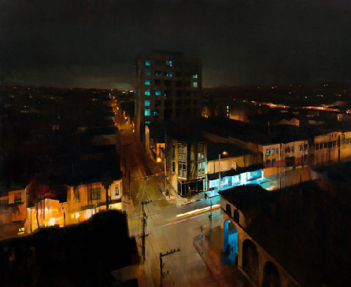 asylum-art:  Kim Cogan At the hespe gallery  His painterly depictions of Brooklyn, San Francisco and other urban centers capture the grit of city life with an elegance and loneliness that stirs the soul. The large scale oil paintings feature rooftops,