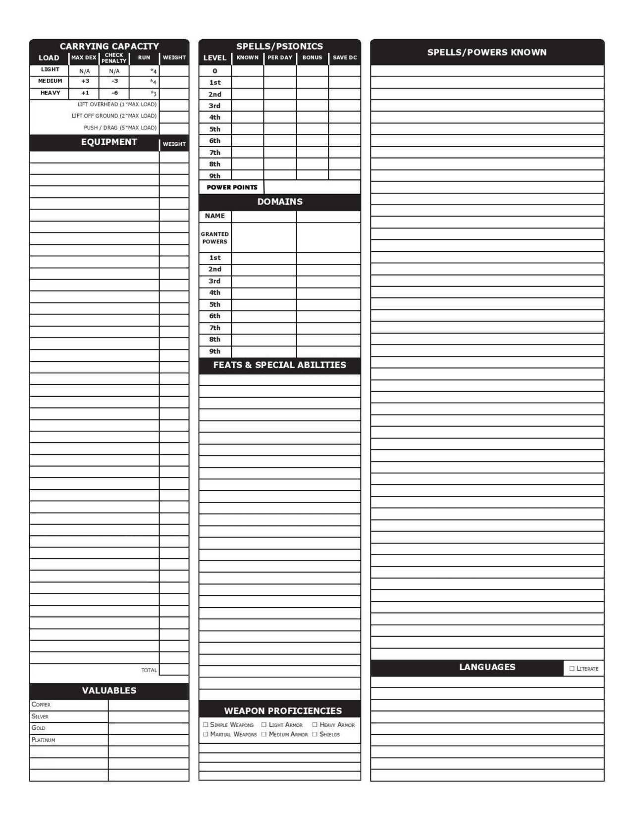 dungeons and dragons 3.5 character sheet