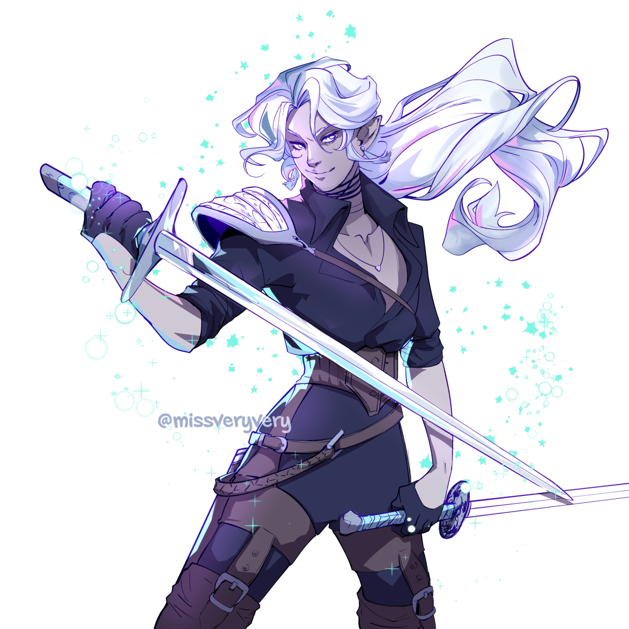 Jens Lyndelle from Trinyvale/Naddpod. A high elf with pale skin and long white hair. He's holding two swords.