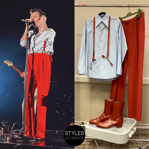 For his Love On Tour show in Denver, Harry wore a custom Gucci look featuring a striped shirt, red t