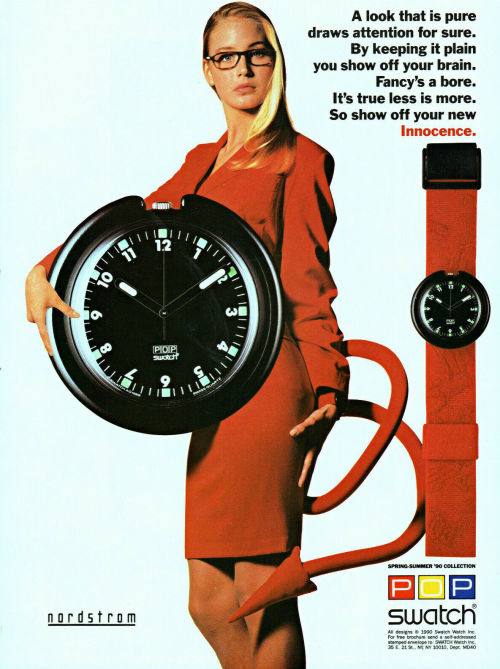 Swatch Watch Inc, 1990 #Swatch#ad#1990#Pop#model#1990s#1980s#advertisement#fashion#hair#clothes#90s#80s#advertising#Nordstrom#devil#innocence#show off#brain#design