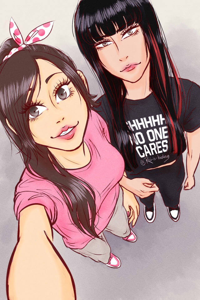 A colored digital drawing of Ty Lee taking a selfie with Mai. They are both looking up and smiling, their arms linked. Ty Lee wears a pink t-shirt and gray sweatpants with white and pink training shoes. Her hair is in a high ponytail tied with a pink dotted white bow scrunchie. Mai wears a black t-shirt with a white "Shhh no one cares" text on it, with black sweatpants and white and black training shoes. Her hair is let down, with some locks dyed red on her left side.