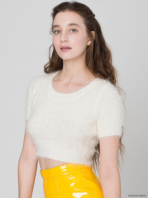 americanapparel:  The NEW Fuzzy Cropped Tee: SHOP NOW A cropped sweater tee featuring a scooped neckline, knit rib detailing and all-over fuzzy knit.   • 65% Nylon 35% Acrylic construction • XS is approximately 15” (38.1cm) in total length • Hand-wash