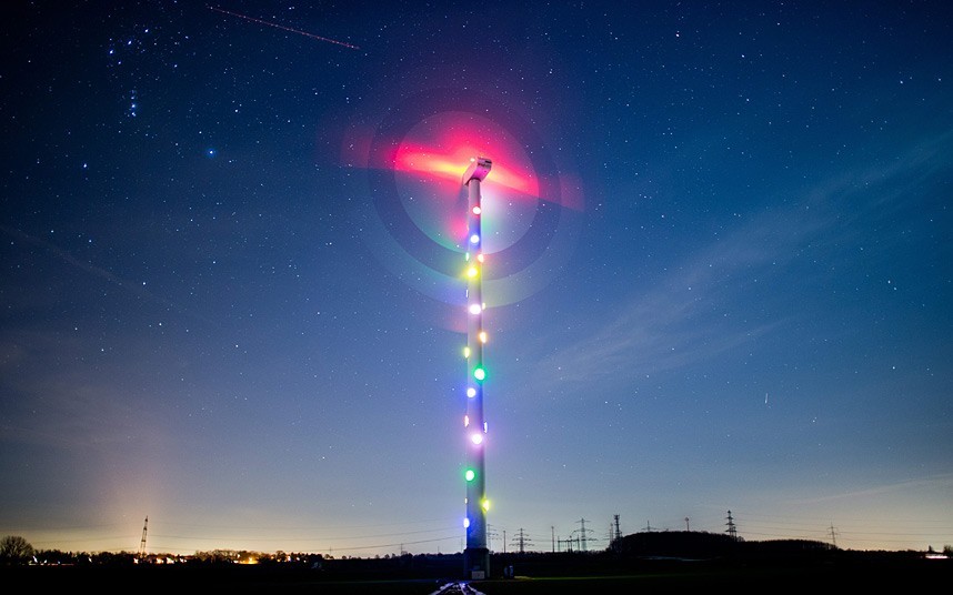 Sehnde-Müllingen, Germany
A long exposure image showing ‘Smarties Mill’ turning in the starlit sky. The installation is French artist Patrick Raynaud’s work and consists of 30 coloured luminous fields in a wind turbine. The stronger the wind blows,...