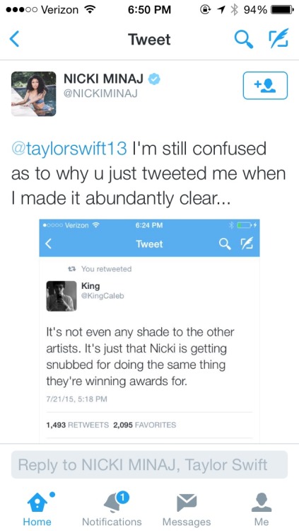 strippercops: blacksnobbery: But this is the “beef” between Nicki and Taylor that people