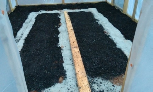 Greenhouse garden bed design. 24″ outer, two 30″ inner. Rock dust and food compost.