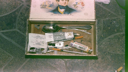 This police photo shows Cobain’s heroin kit complete with syringes and other paraphernalia kept in a