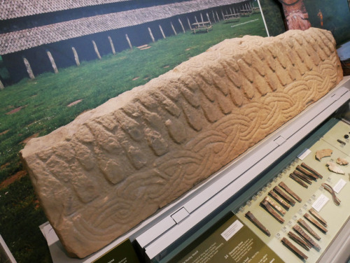 Viking replica 10th or 11th CE ‘Hogback’ stone from the Wirral, Liverpool, Viking silver bands and a