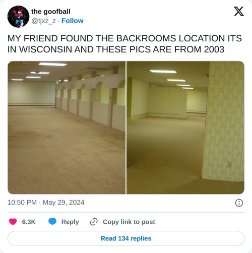 MY FRIEND FOUND THE BACKROOMS LOCATION ITS IN WISCONSIN AND THESE PICS ARE FROM 2003 pic.twitter.com/2tqrRf9XNm
— the goofball (@tjxz_z) May 29, 2024