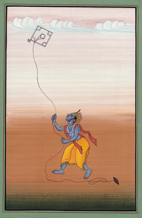 Kailash Raj (Indian, b. 1957) - Shri Krishna Flying Kite  Paintings: Watercolors on Paper