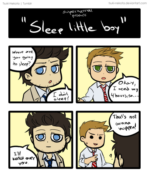 tsuki-nekota:  SPN - Sleep little boy by Tsuki-Nekota (please understand my stupid english :P)Destiel Overload!!!Why my inspiration always comes at night?[ The next will be about Sam and Lucifer (again) ] 