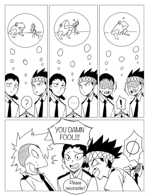 kitanoko:  littleroundpumpkin:  Class 1-B boys worry about their friend’s love life.This was meant to be a crack ship, but after making this I might actually ship it?Oh well what’s one more?   Wait who’s that grasshopper guy LOL