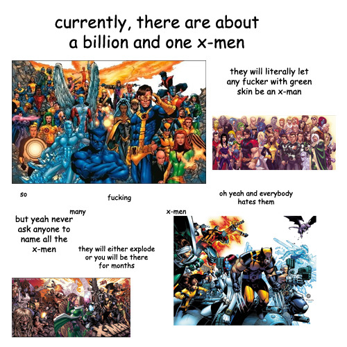 ricstar:  batcows:  bartony requested a beginners guide to x-men because she didn’t think i could do it who’s laughing now skank  This is only entirely true. 