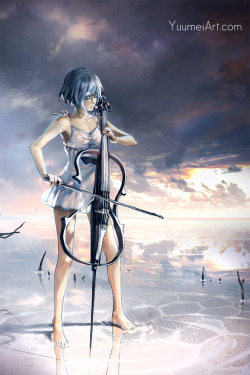 yuumei-art:  Infinite Melody - One of my old paintings featuring an electric cello :D I love the look of electric instruments, they look so surreal. 
