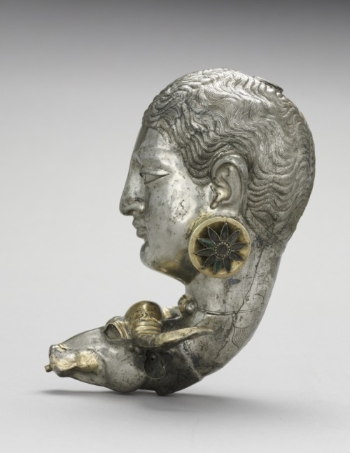 Rhyton: The Buffalo-Slayer Goddess, c. 600-700Iran, Sasanian, 7th-8th CenturySilver, height 19 cm (7