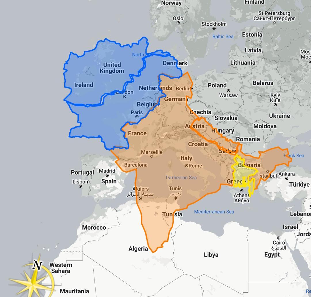 Size comparison between Europe and South Asia - Maps on the Web