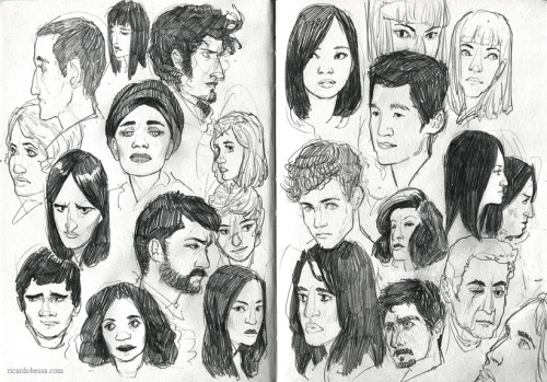 ricardobessa:  I’m done with my current sketchbook  and I filled quite a few pages with faces. Decided to collect some of my favourite spreads here, in no particular order. I’ve posted most of them already - first one is new, though. Seeing all