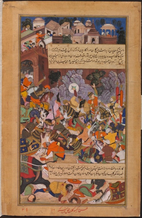 This painting from Akbarnama shows Asaf Khan leading the Mughal forces in 1564 against Rani Durgavat